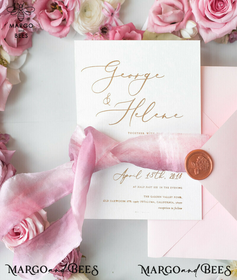 Elegant Personalized Wedding Invitations Romantic Stationery with Vintage Garden Roses and  Handmade Silk Bow Gold Foil Letters  Blush Pink Envelope -29