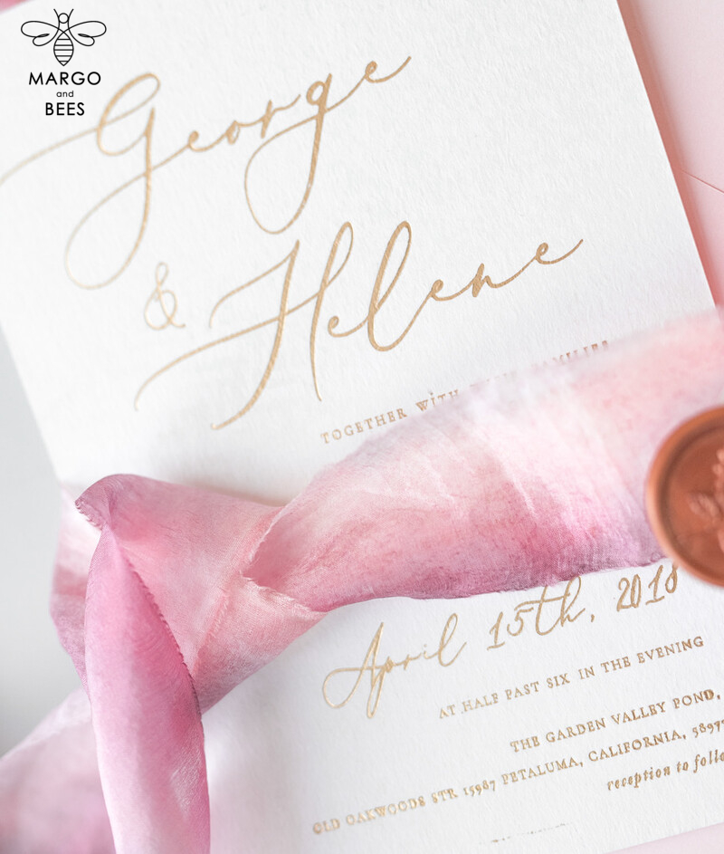 Elegant Personalized Wedding Invitations Romantic Stationery with Vintage Garden Roses and  Handmade Silk Bow Gold Foil Letters  Blush Pink Envelope -30