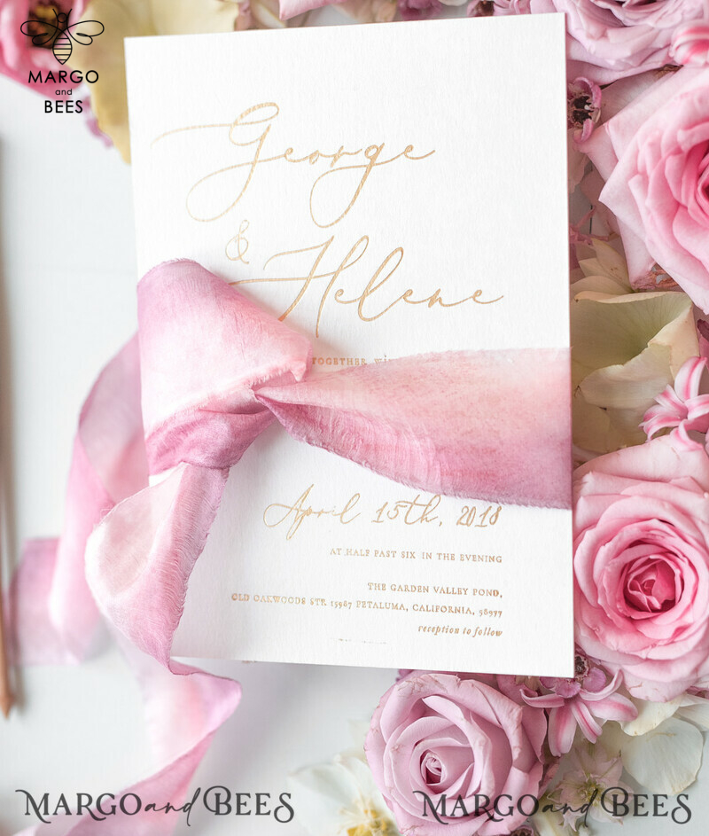 Elegant Personalized Wedding Invitations Romantic Stationery with Vintage Garden Roses and  Handmade Silk Bow Gold Foil Letters  Blush Pink Envelope -31