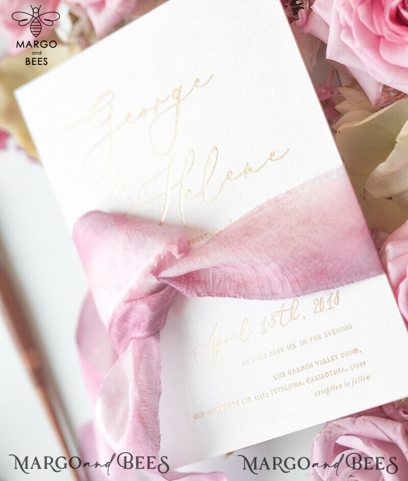 Elegant Personalized Wedding Invitations Romantic Stationery with Vintage Garden Roses and  Handmade Silk Bow Gold Foil Letters  Blush Pink Envelope -33