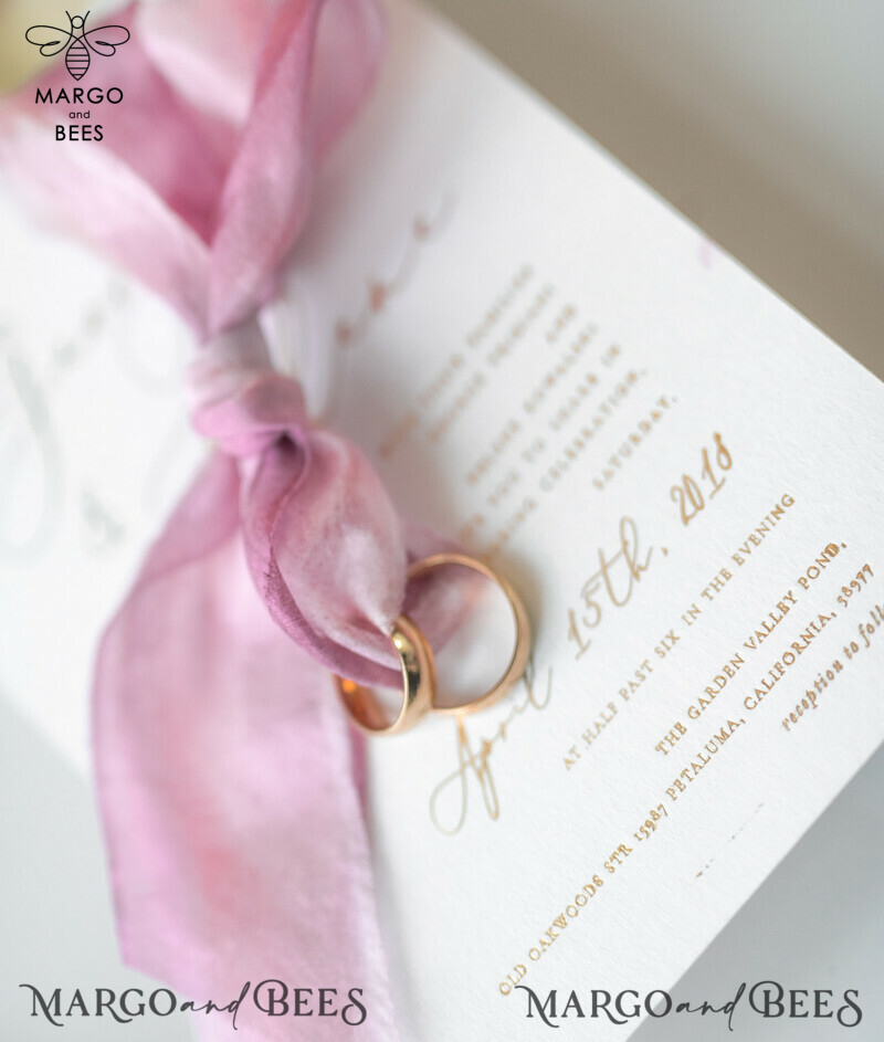 Elegant Personalized Wedding Invitations Romantic Stationery with Vintage Garden Roses and  Handmade Silk Bow Gold Foil Letters  Blush Pink Envelope -39