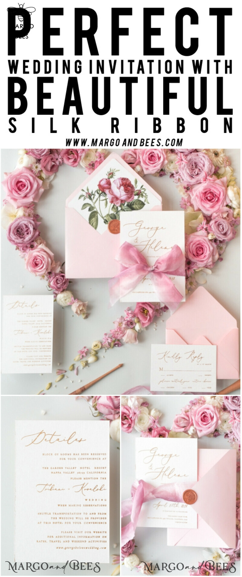 Elegant Personalized Wedding Invitations Romantic Stationery with Vintage Garden Roses and  Handmade Silk Bow Gold Foil Letters  Blush Pink Envelope -42