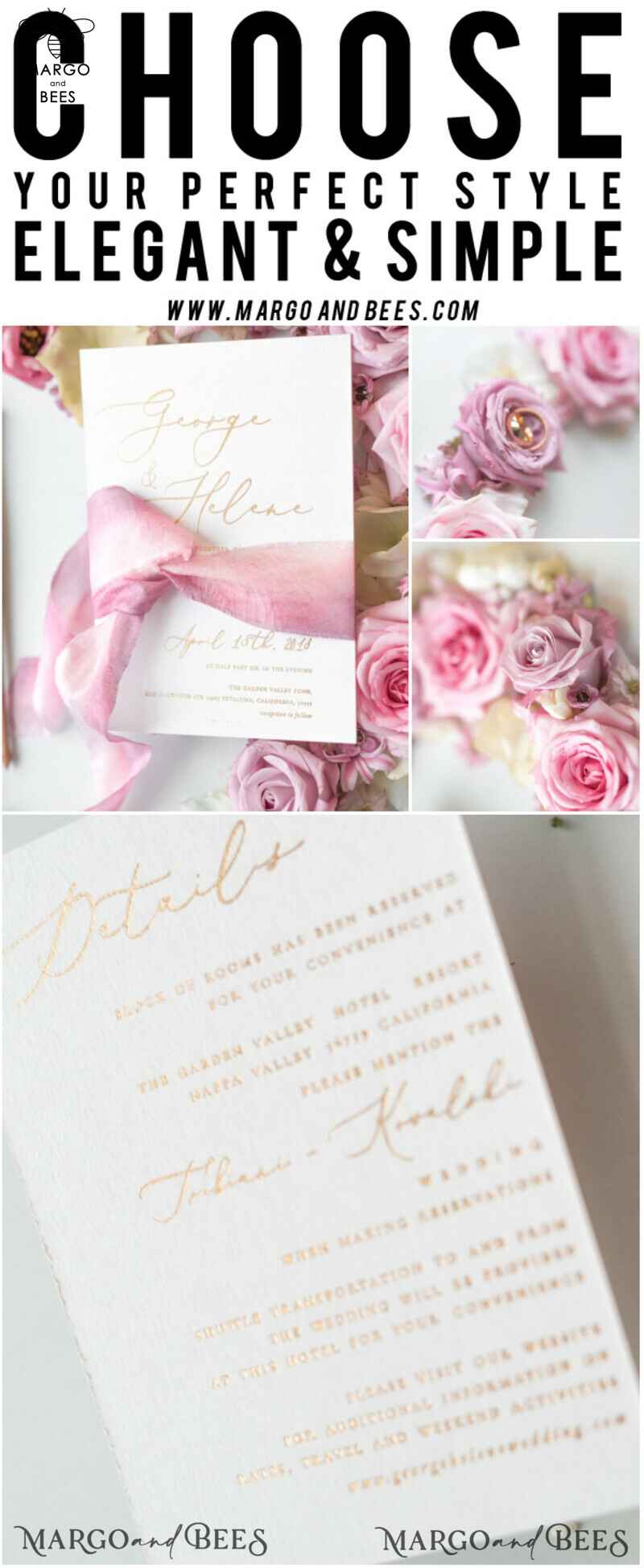 Elegant Personalized Wedding Invitations Romantic Stationery with Vintage Garden Roses and  Handmade Silk Bow Gold Foil Letters  Blush Pink Envelope -43