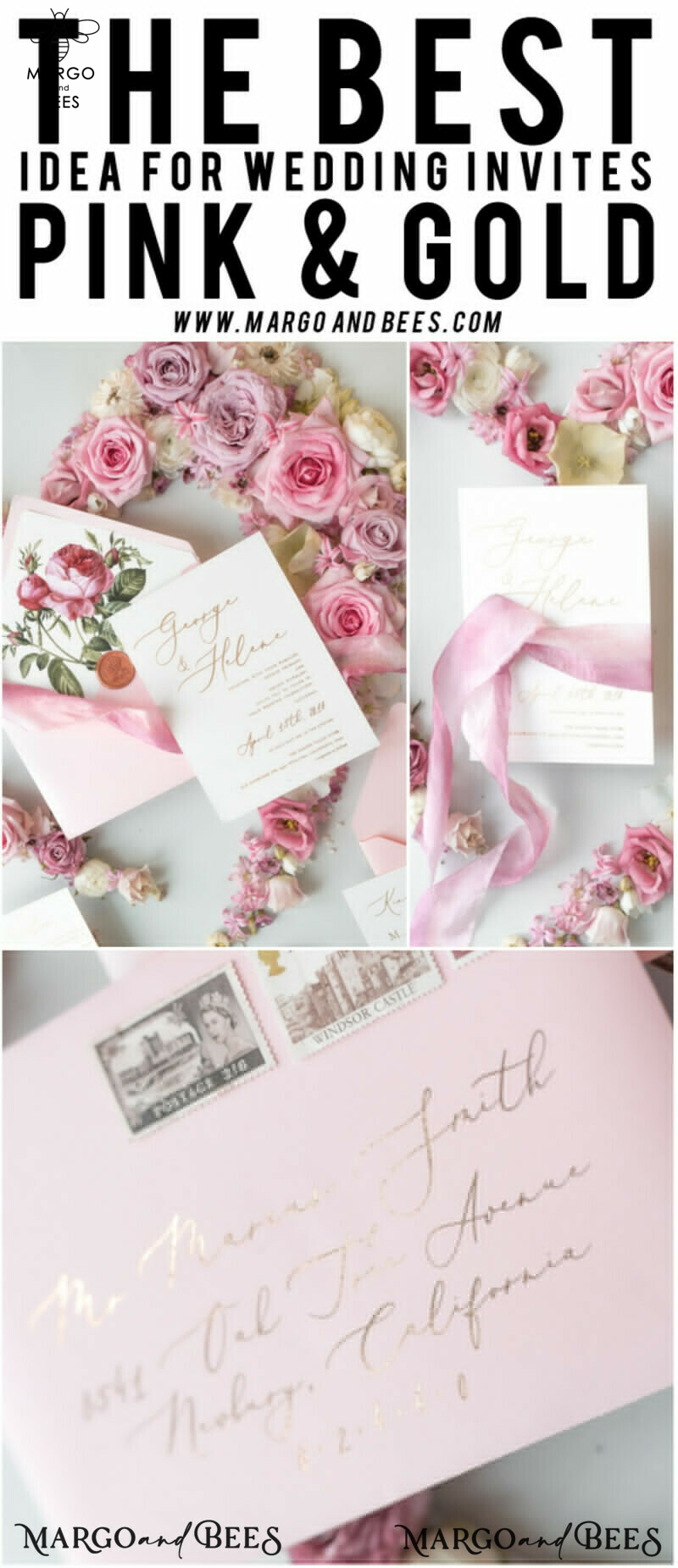Elegant Personalized Wedding Invitations Romantic Stationery with Vintage Garden Roses and  Handmade Silk Bow Gold Foil Letters  Blush Pink Envelope -44
