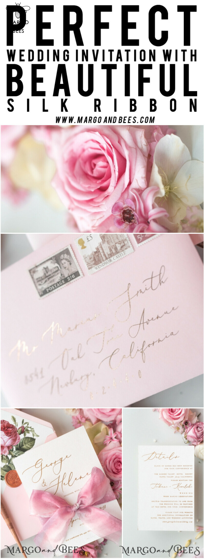 Elegant Personalized Wedding Invitations Romantic Stationery with Vintage Garden Roses and  Handmade Silk Bow Gold Foil Letters  Blush Pink Envelope -46