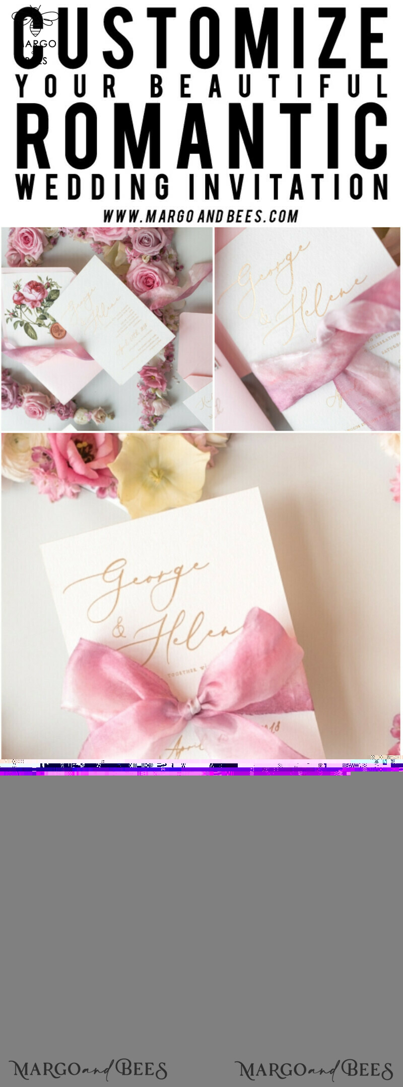 Elegant Personalized Wedding Invitations Romantic Stationery with Vintage Garden Roses and  Handmade Silk Bow Gold Foil Letters  Blush Pink Envelope -47