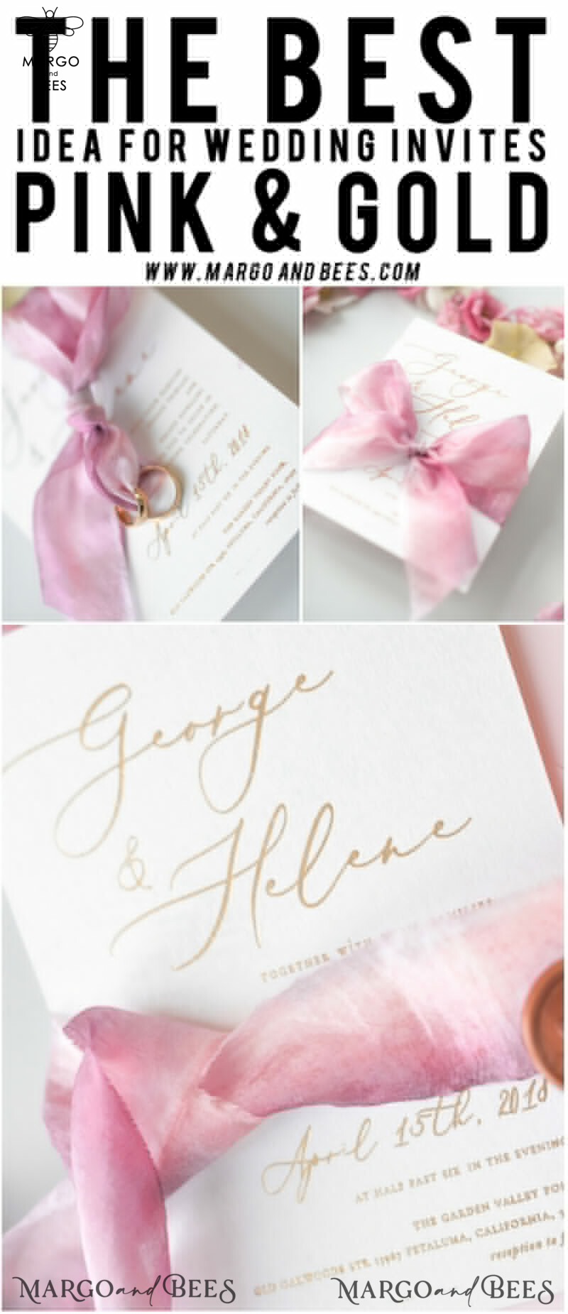 Elegant Personalized Wedding Invitations Romantic Stationery with Vintage Garden Roses and  Handmade Silk Bow Gold Foil Letters  Blush Pink Envelope -48