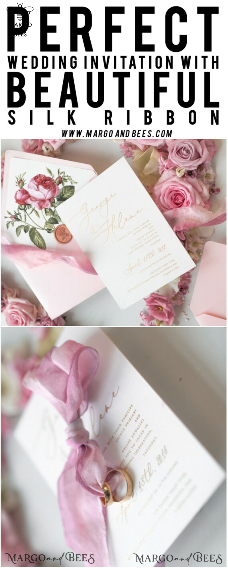 Elegant Personalized Wedding Invitations Romantic Stationery with Vintage Garden Roses and  Handmade Silk Bow Gold Foil Letters  Blush Pink Envelope -49