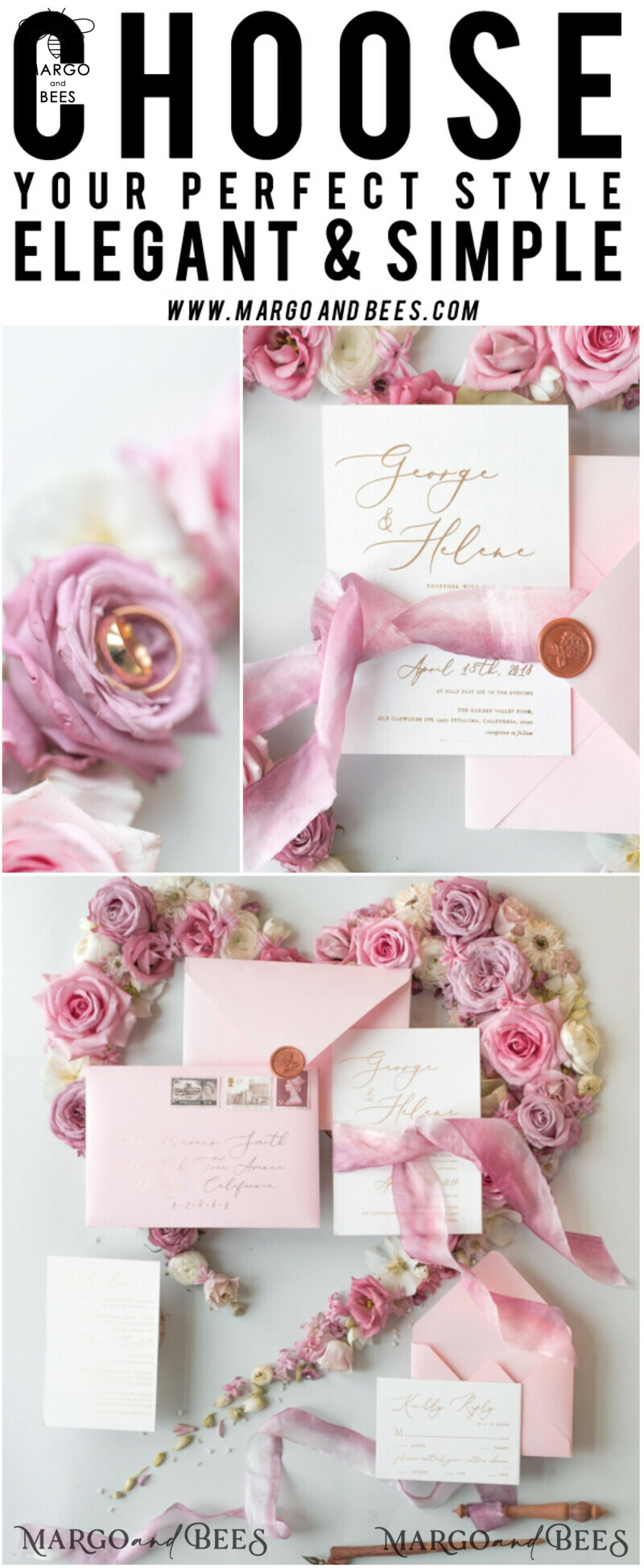Elegant Personalized Wedding Invitations Romantic Stationery with Vintage Garden Roses and  Handmade Silk Bow Gold Foil Letters  Blush Pink Envelope -50