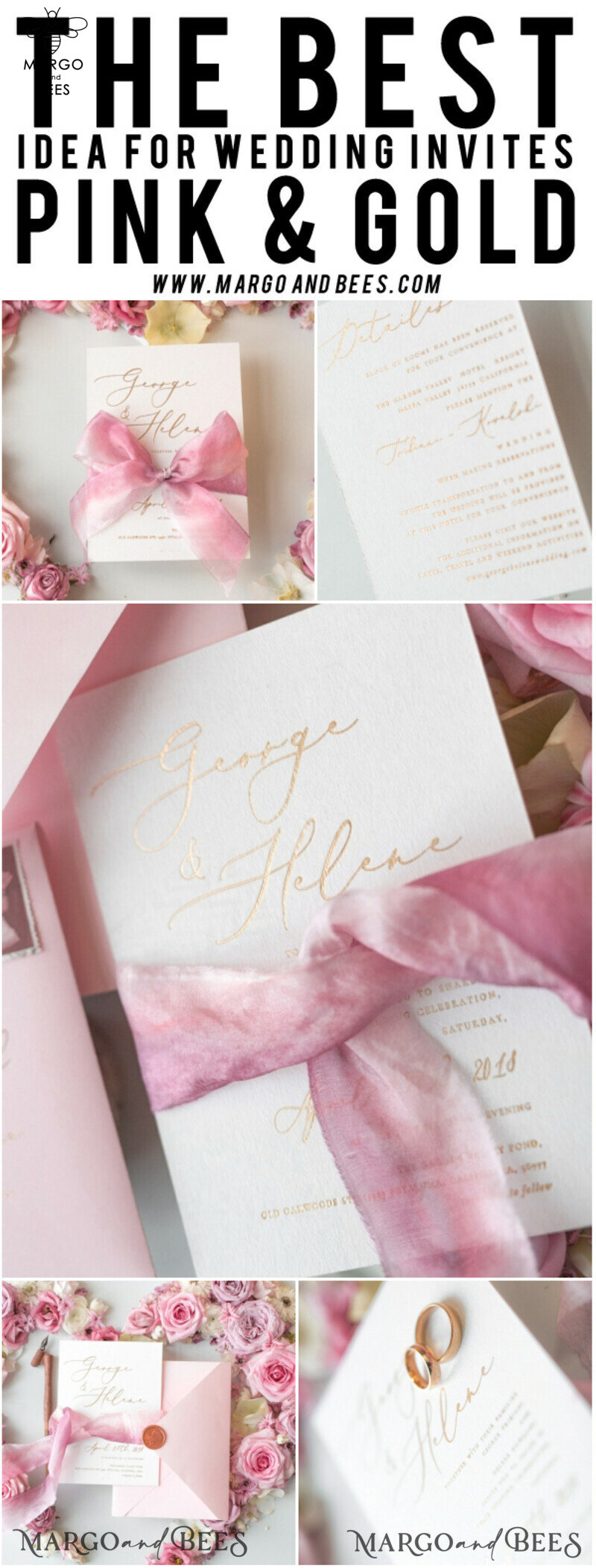 Elegant Personalized Wedding Invitations Romantic Stationery with Vintage Garden Roses and  Handmade Silk Bow Gold Foil Letters  Blush Pink Envelope -51