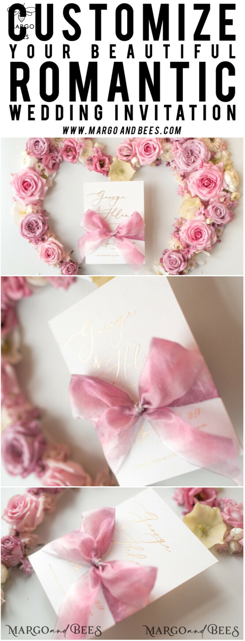 Elegant Personalized Wedding Invitations Romantic Stationery with Vintage Garden Roses and  Handmade Silk Bow Gold Foil Letters  Blush Pink Envelope -52