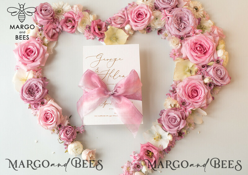 Elegant Personalized Wedding Invitations Romantic Stationery with Vintage Garden Roses and  Handmade Silk Bow Gold Foil Letters  Blush Pink Envelope -6