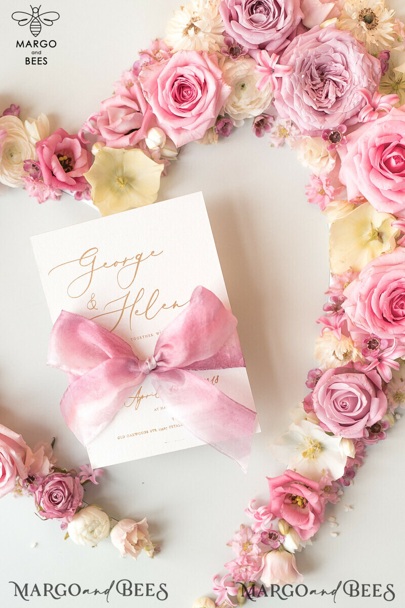 Elegant Personalized Wedding Invitations Romantic Stationery with Vintage Garden Roses and  Handmade Silk Bow Gold Foil Letters  Blush Pink Envelope -8