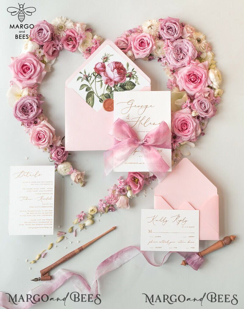 Elegant Personalized Wedding Invitations Romantic Stationery with Vintage Garden Roses and  Handmade Silk Bow Gold Foil Letters  Blush Pink Envelope -0