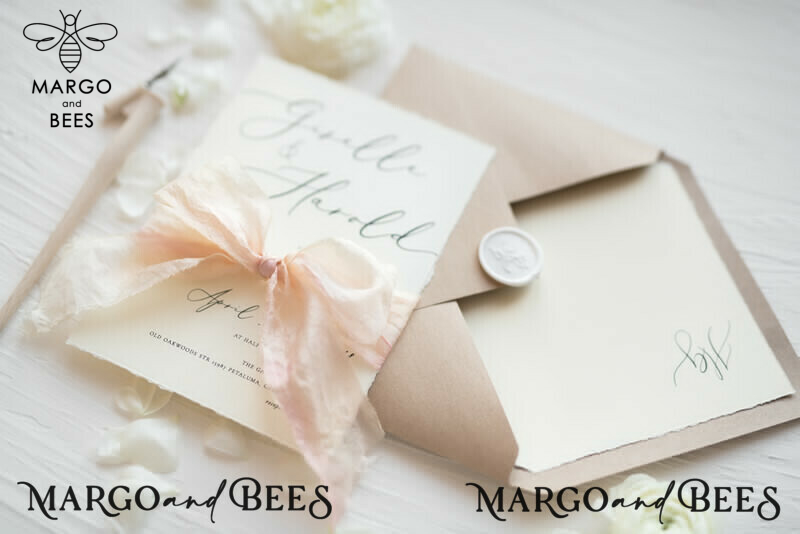 Fairytale Minimalist Wedding Invitations Fine Art Stationery with  Handmade Silk Bow Craft Envelope Monogram Liner-1