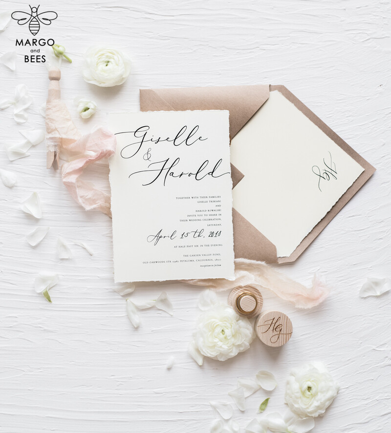 Fairytale Minimalist Wedding Invitations Fine Art Stationery with  Handmade Silk Bow Craft Envelope Monogram Liner-10