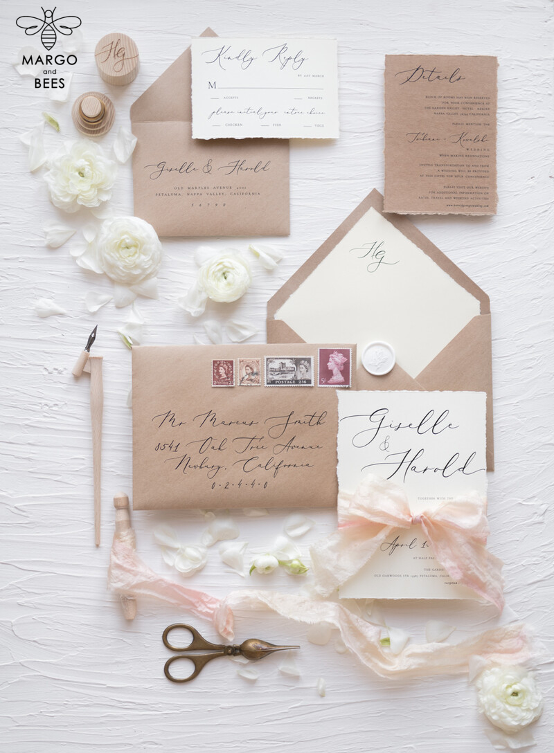 Fairytale Minimalist Wedding Invitations Fine Art Stationery with  Handmade Silk Bow Craft Envelope Monogram Liner-12