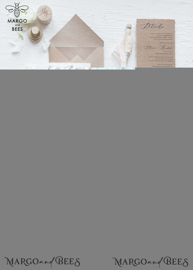 Fairytale Minimalist Wedding Invitations Fine Art Stationery with  Handmade Silk Bow Craft Envelope Monogram Liner-13