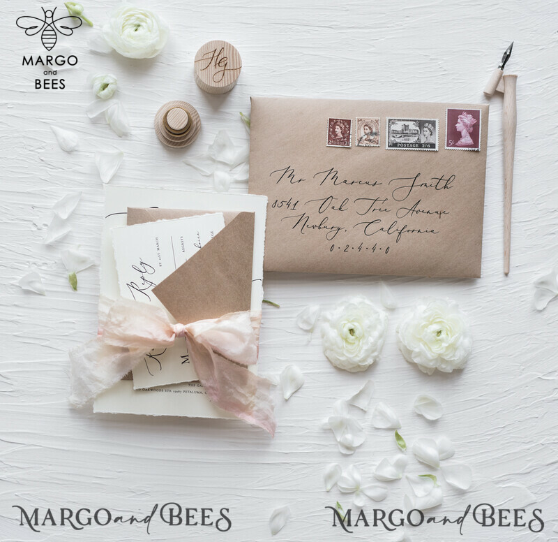 Fairytale Minimalist Wedding Invitations Fine Art Stationery with  Handmade Silk Bow Craft Envelope Monogram Liner-14