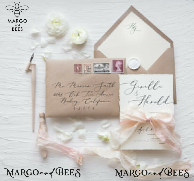 Fairytale Minimalist Wedding Invitations Fine Art Stationery with  Handmade Silk Bow Craft Envelope Monogram Liner-2