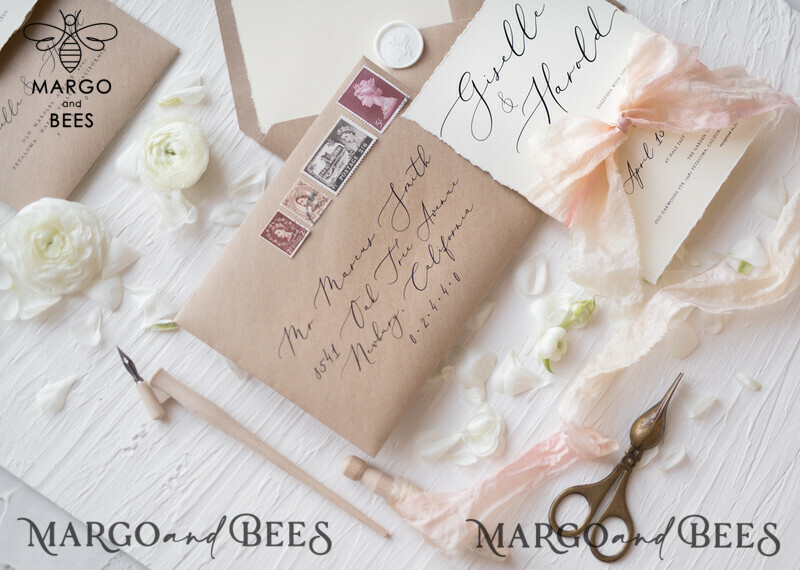 Fairytale Minimalist Wedding Invitations Fine Art Stationery with  Handmade Silk Bow Craft Envelope Monogram Liner-3