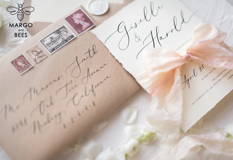 Fairytale Minimalist Wedding Invitations Fine Art Stationery with  Handmade Silk Bow Craft Envelope Monogram Liner-4