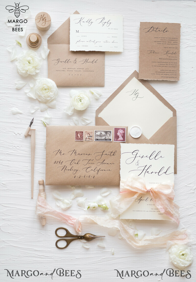 Fairytale Minimalist Wedding Invitations Fine Art Stationery with  Handmade Silk Bow Craft Envelope Monogram Liner-5