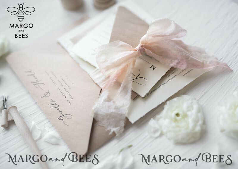 Fairytale Minimalist Wedding Invitations Fine Art Stationery with  Handmade Silk Bow Craft Envelope Monogram Liner-6