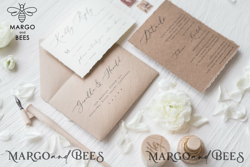 Fairytale Minimalist Wedding Invitations Fine Art Stationery with  Handmade Silk Bow Craft Envelope Monogram Liner-7