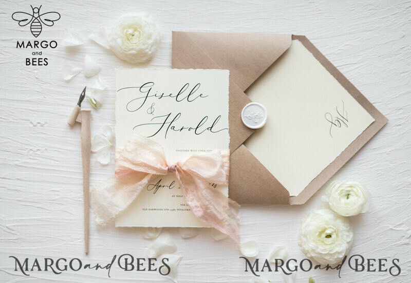 Fairytale Minimalist Wedding Invitations Fine Art Stationery with  Handmade Silk Bow Craft Envelope Monogram Liner-0