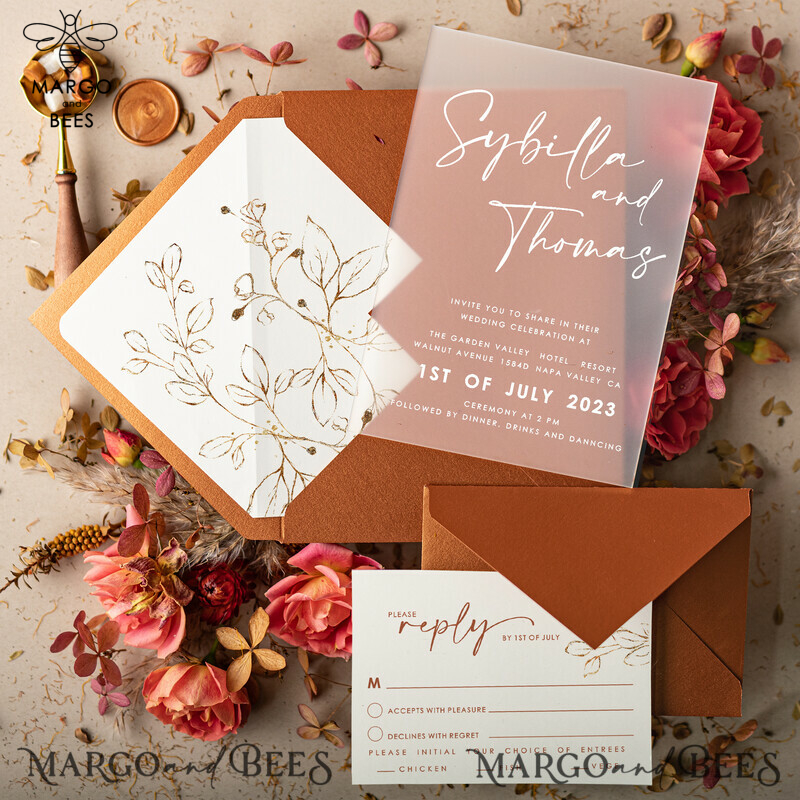 Elegant Terracotta and Gold Leaf Wedding Invitations: A Perfect Blend of Modernity and Elegance-4