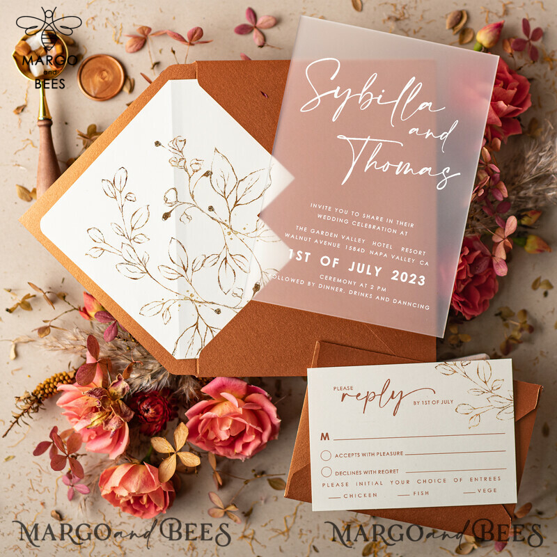 Elegant Terracotta and Gold Leaf Wedding Invitations: A Perfect Blend of Modernity and Elegance-0