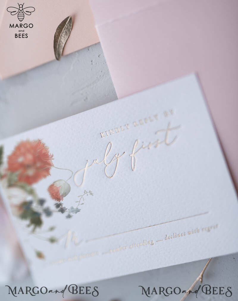 Vintage Floral Wedding Invitations, Romantic Blush Pink Wedding Invites, Elegant White Wedding Cards, Glamour Golden Shine Wedding Invitation Suite-16
