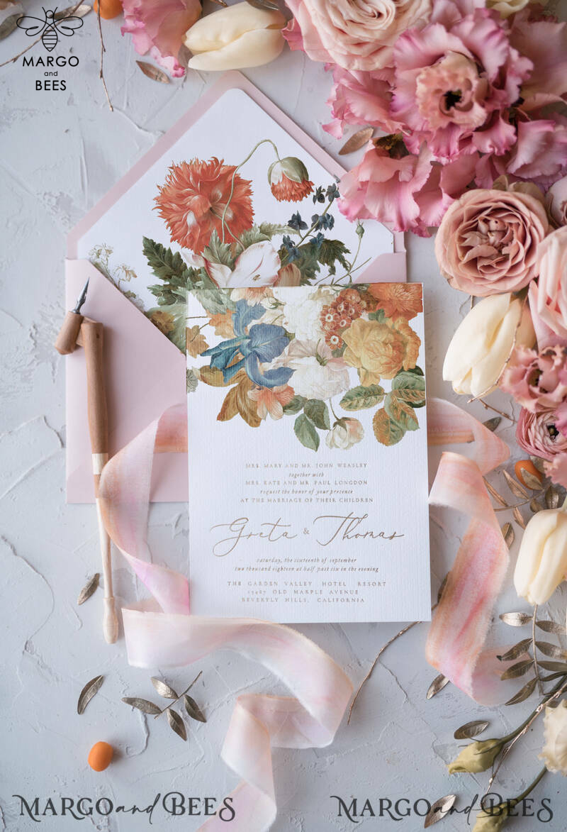 Vintage Floral Wedding Invitations, Romantic Blush Pink Wedding Invites, Elegant White Wedding Cards, Glamour Golden Shine Wedding Invitation Suite-17
