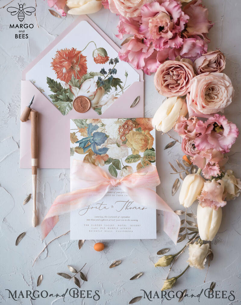 Vintage Floral Wedding Invitations, Romantic Blush Pink Wedding Invites, Elegant White Wedding Cards, Glamour Golden Shine Wedding Invitation Suite-18