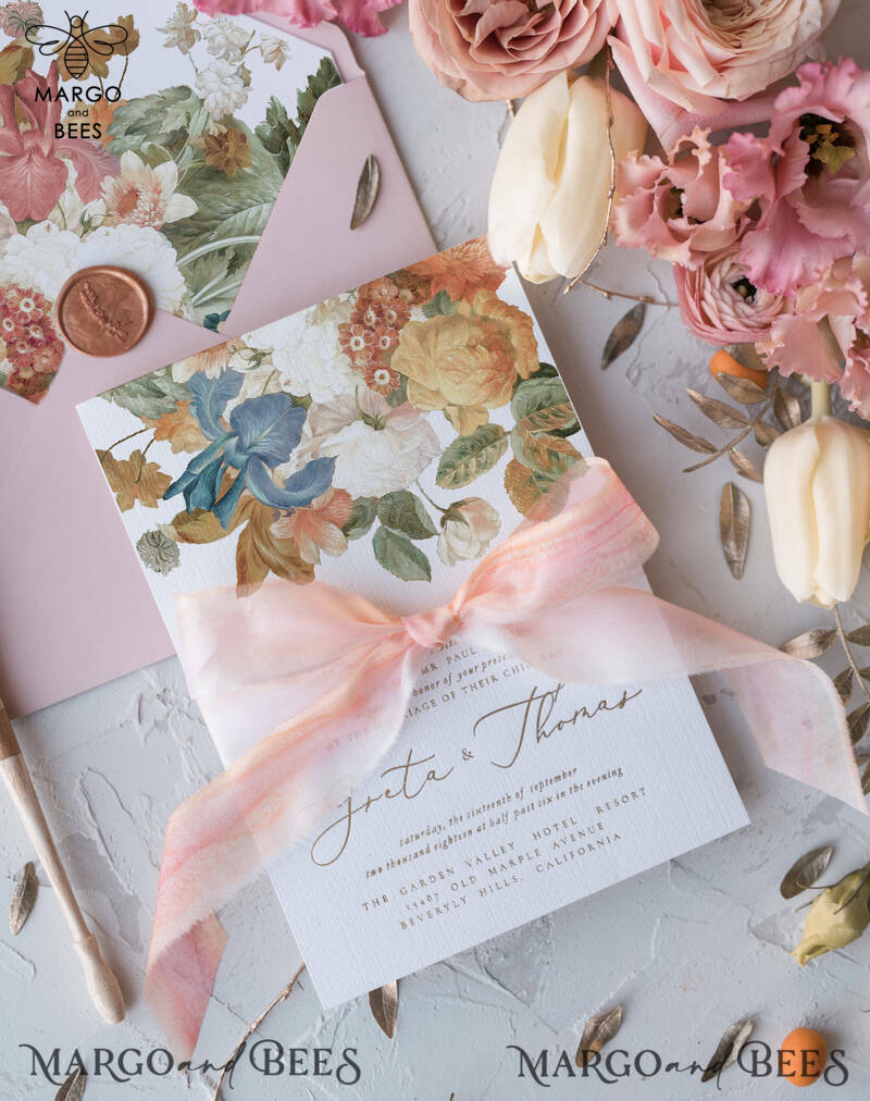 Vintage Floral Wedding Invitations, Romantic Blush Pink Wedding Invites, Elegant White Wedding Cards, Glamour Golden Shine Wedding Invitation Suite-19