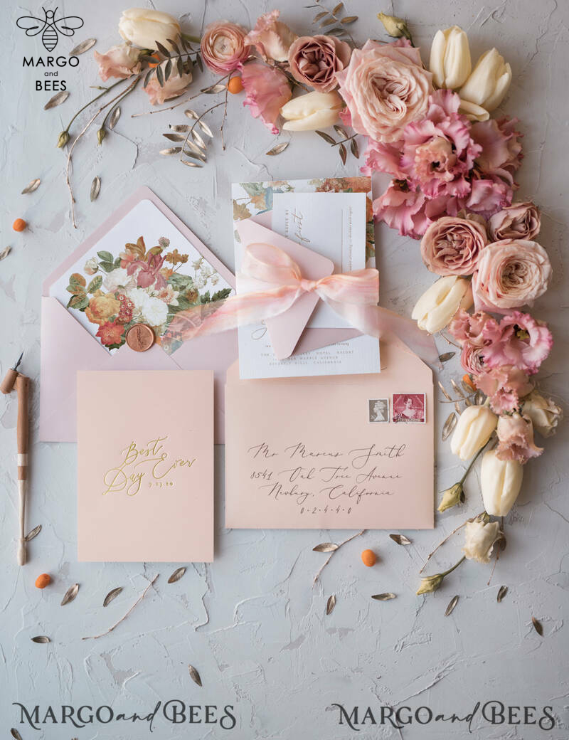 Vintage Romantic Wedding Invitations Blossom Stationery with Gold Foil Lettering Wax Seal Blush Pink or Peach Envelope-2