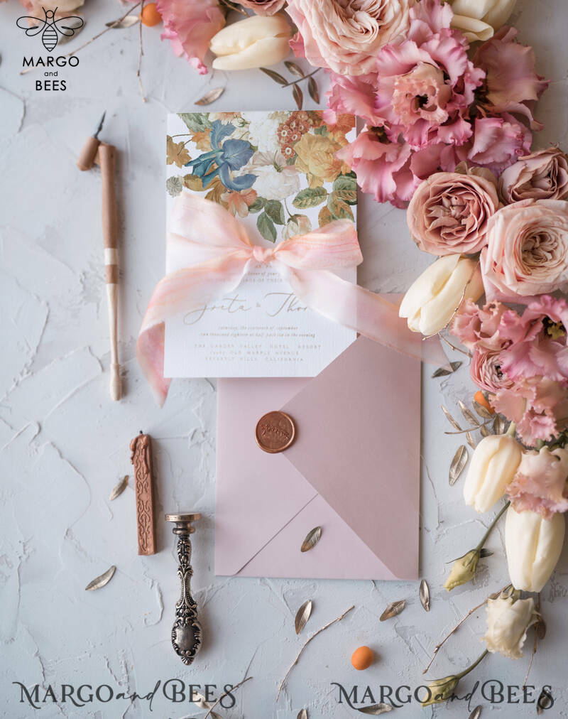Vintage Floral Wedding Invitations, Romantic Blush Pink Wedding Invites, Elegant White Wedding Cards, Glamour Golden Shine Wedding Invitation Suite-20