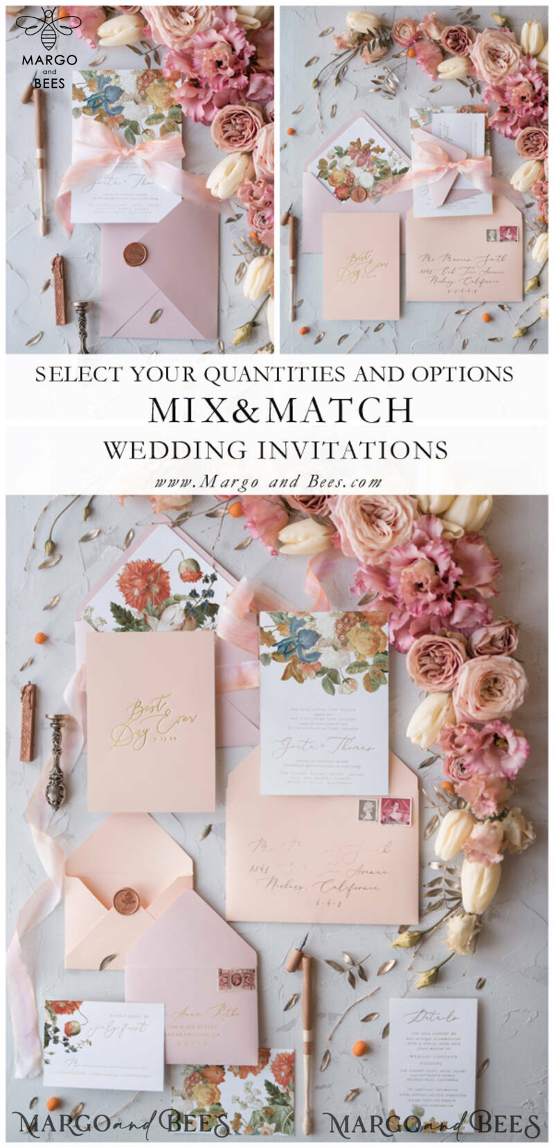 Vintage Romantic Wedding Invitations Blossom Stationery with Gold Foil Lettering Wax Seal Blush Pink or Peach Envelope-21