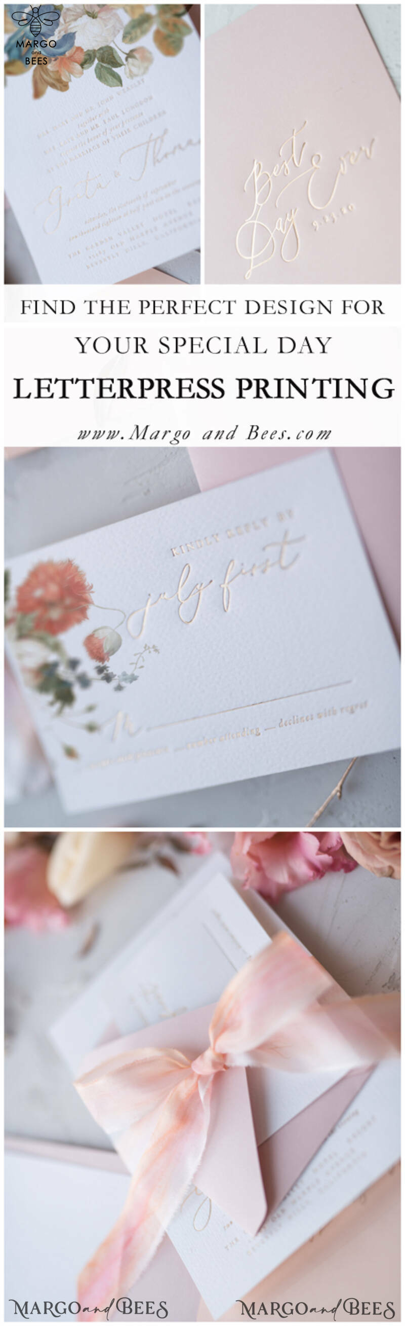 Vintage Romantic Wedding Invitations Blossom Stationery with Gold Foil Lettering Wax Seal Blush Pink or Peach Envelope-22