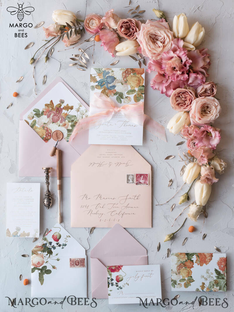 Vintage Romantic Wedding Invitations Blossom Stationery with Gold Foil Lettering Wax Seal Blush Pink or Peach Envelope-6