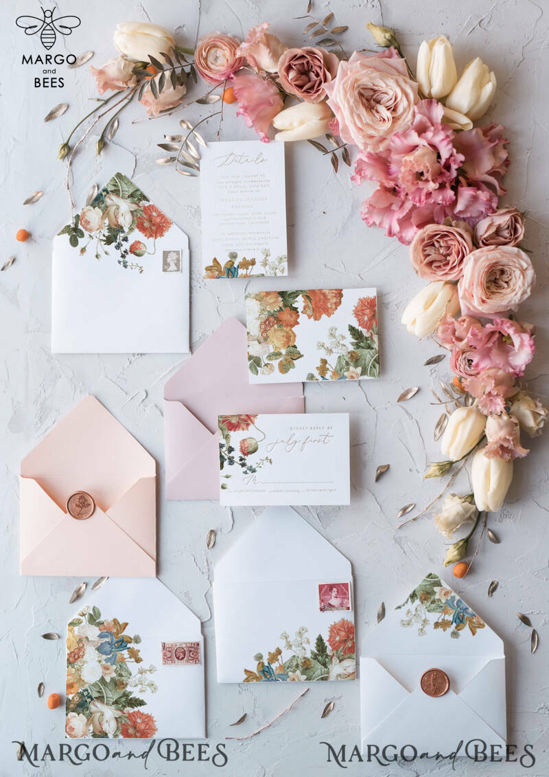 Vintage Floral Wedding Invitations, Romantic Blush Pink Wedding Invites, Elegant White Wedding Cards, Glamour Golden Shine Wedding Invitation Suite-7