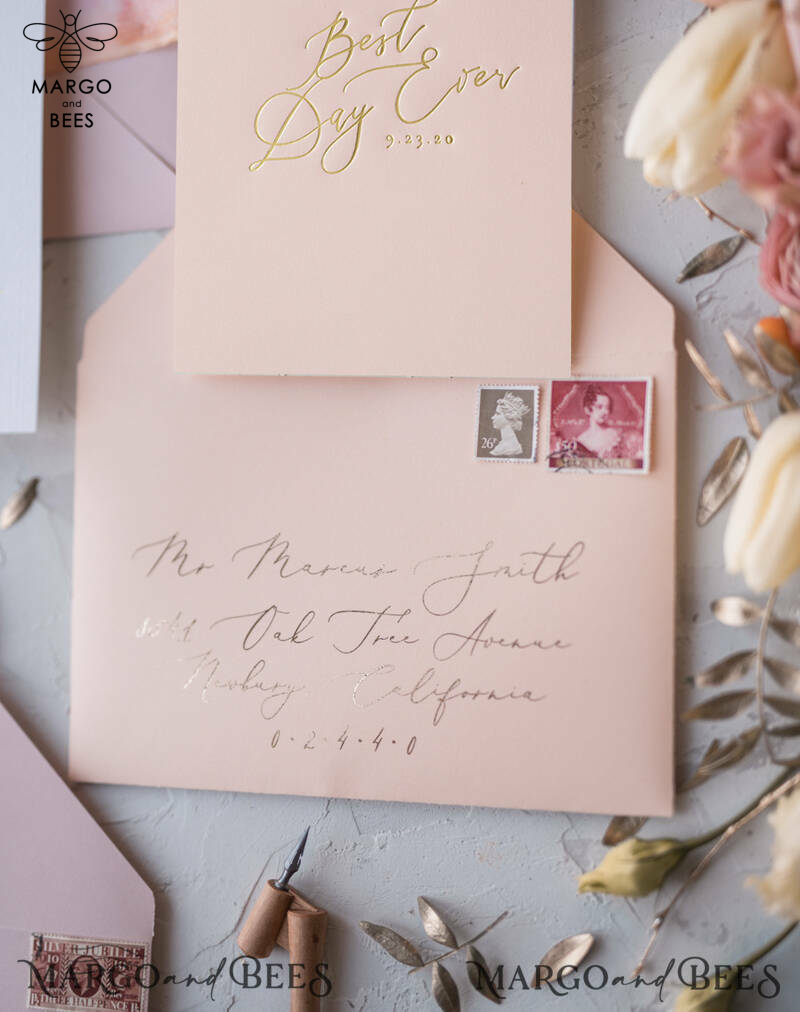Vintage Floral Wedding Invitations, Romantic Blush Pink Wedding Invites, Elegant White Wedding Cards, Glamour Golden Shine Wedding Invitation Suite-8