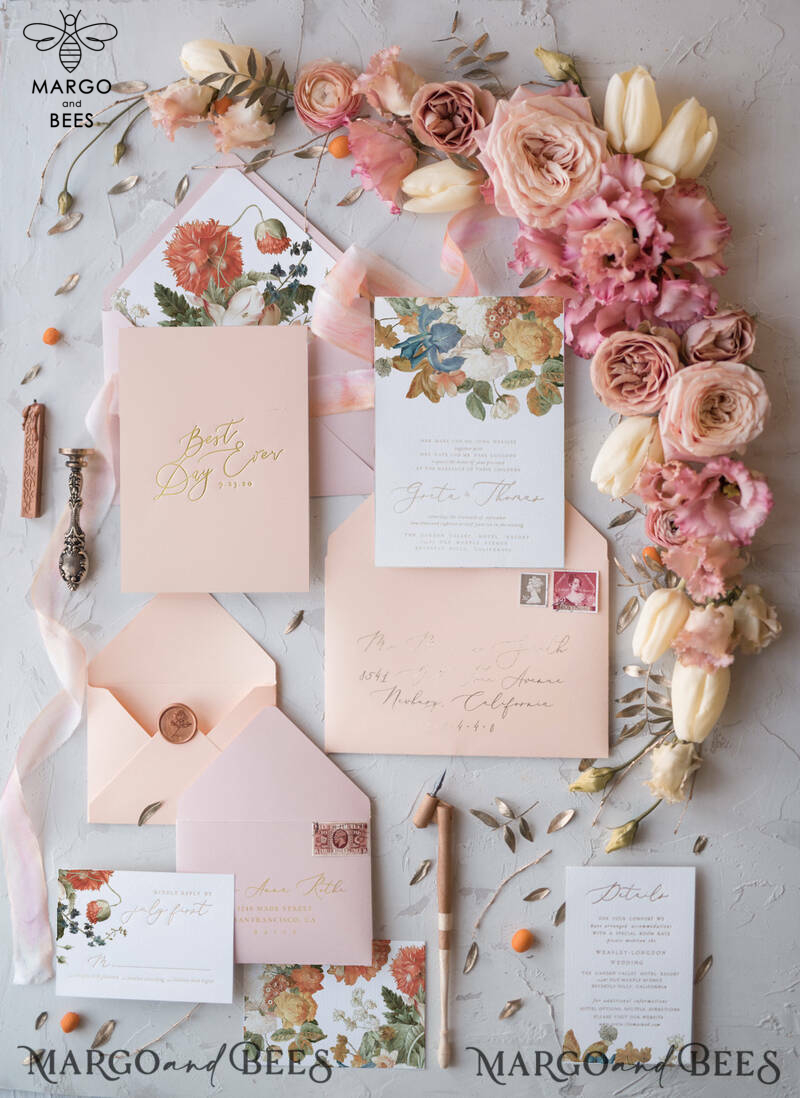 Vintage Romantic Wedding Invitations Blossom Stationery with Gold Foil Lettering Wax Seal Blush Pink or Peach Envelope-0