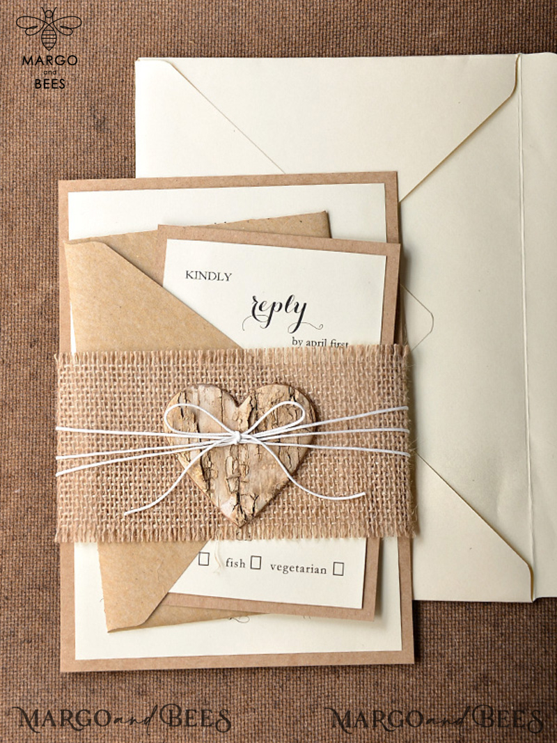 Rustic Wedding Invitations Burlap Belly Band Stationery with Handmade Envelope and Wooden Heart-1