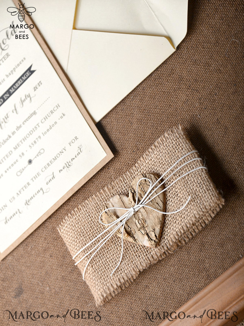 Rustic Wedding Invitations Burlap Belly Band Stationery with Handmade Envelope and Wooden Heart-3