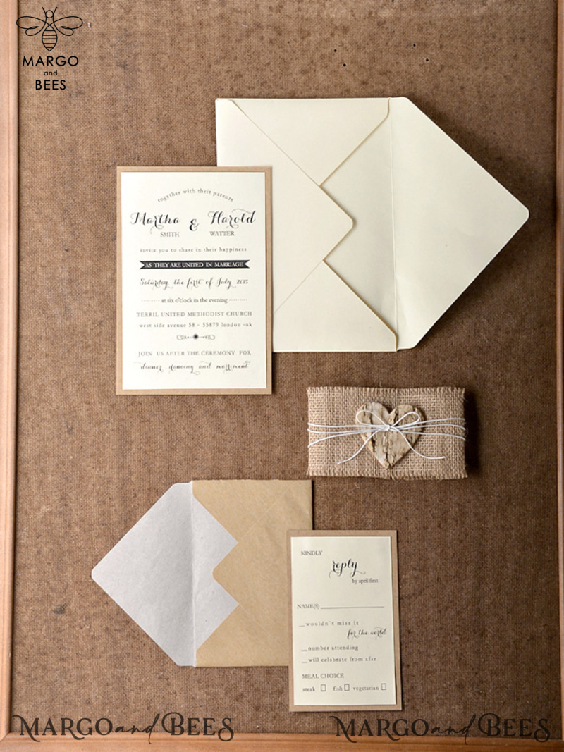 Rustic Wedding Invitations Burlap Belly Band Stationery with Handmade Envelope and Wooden Heart-4