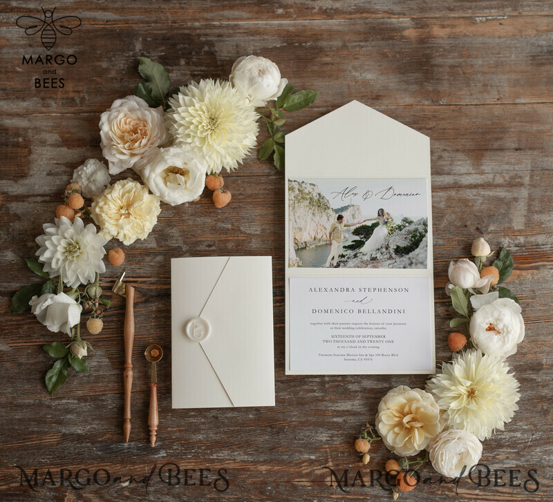 Elegant Tri Fold Wedding Invitations, Bespoke Nude Wedding Cards, Custom Photo Wedding Invites, Affordable And Modern Wedding Invitation Suite-2
