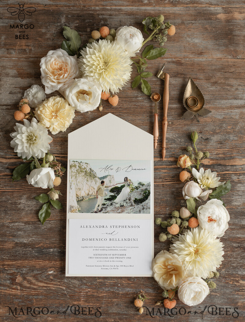 Elegant Tri Fold Wedding Invitations, Bespoke Nude Wedding Cards, Custom Photo Wedding Invites, Affordable And Modern Wedding Invitation Suite-7
