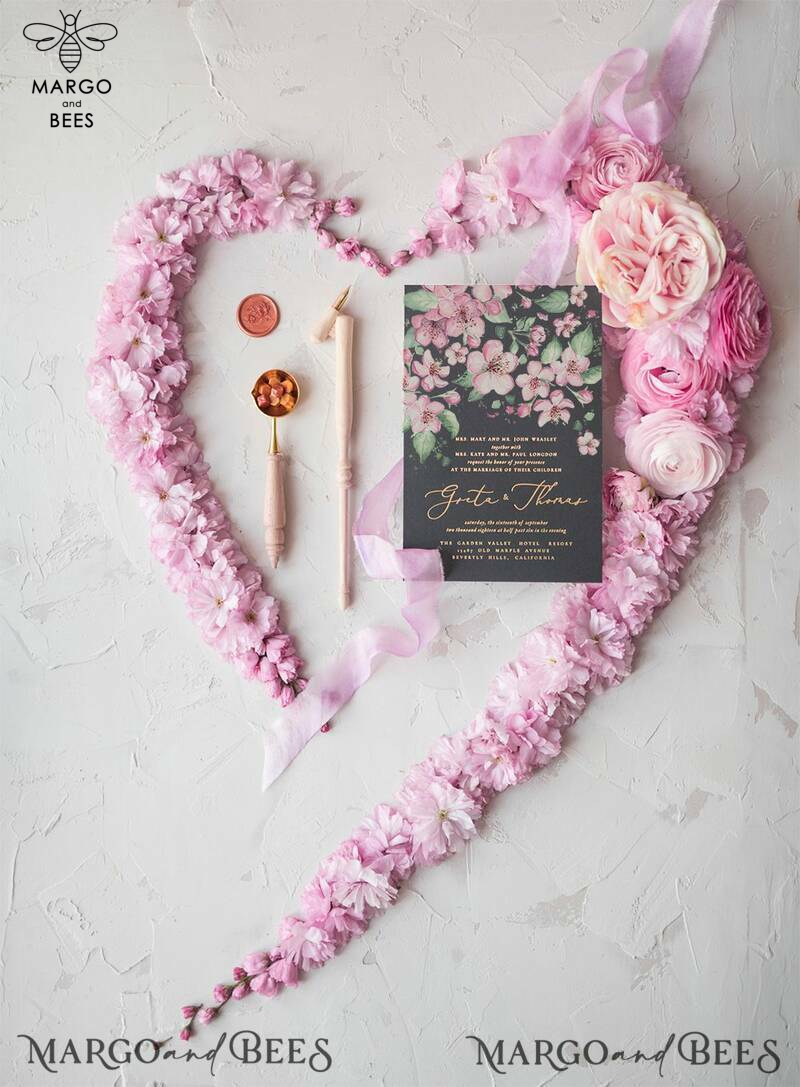 Elegant Cherry Blossom Wedding Invitations, Romantic Pink Sakura Wedding Invites, Bespoke Black Wedding Cards, Floral Wedding Invitation Suite-0